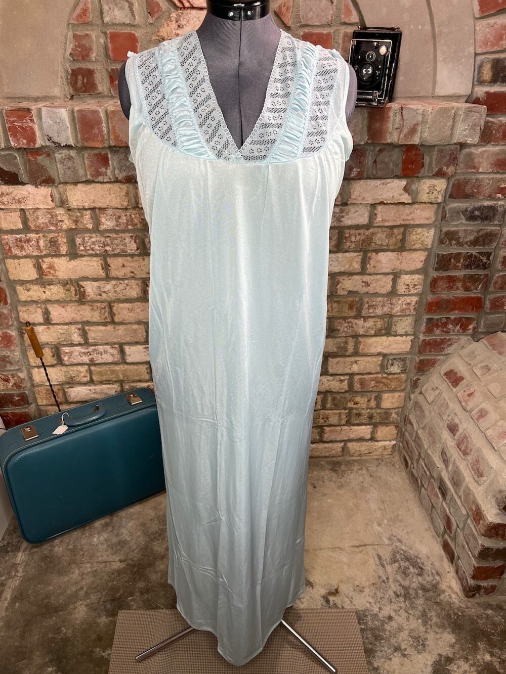 Nightgown Blue Lace satin long v neck